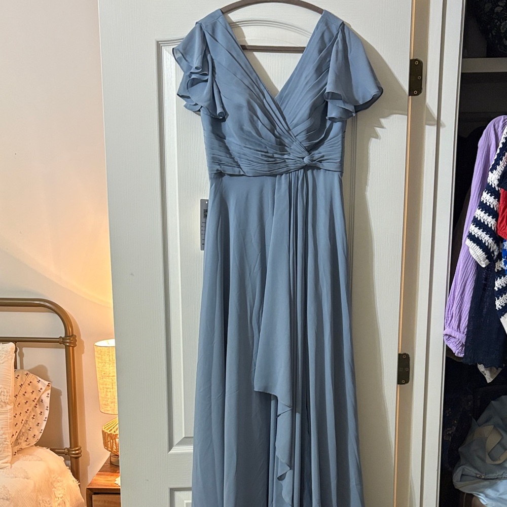 Dusty Blue Ruffle-Sleeve Wrap Maxi Dress
